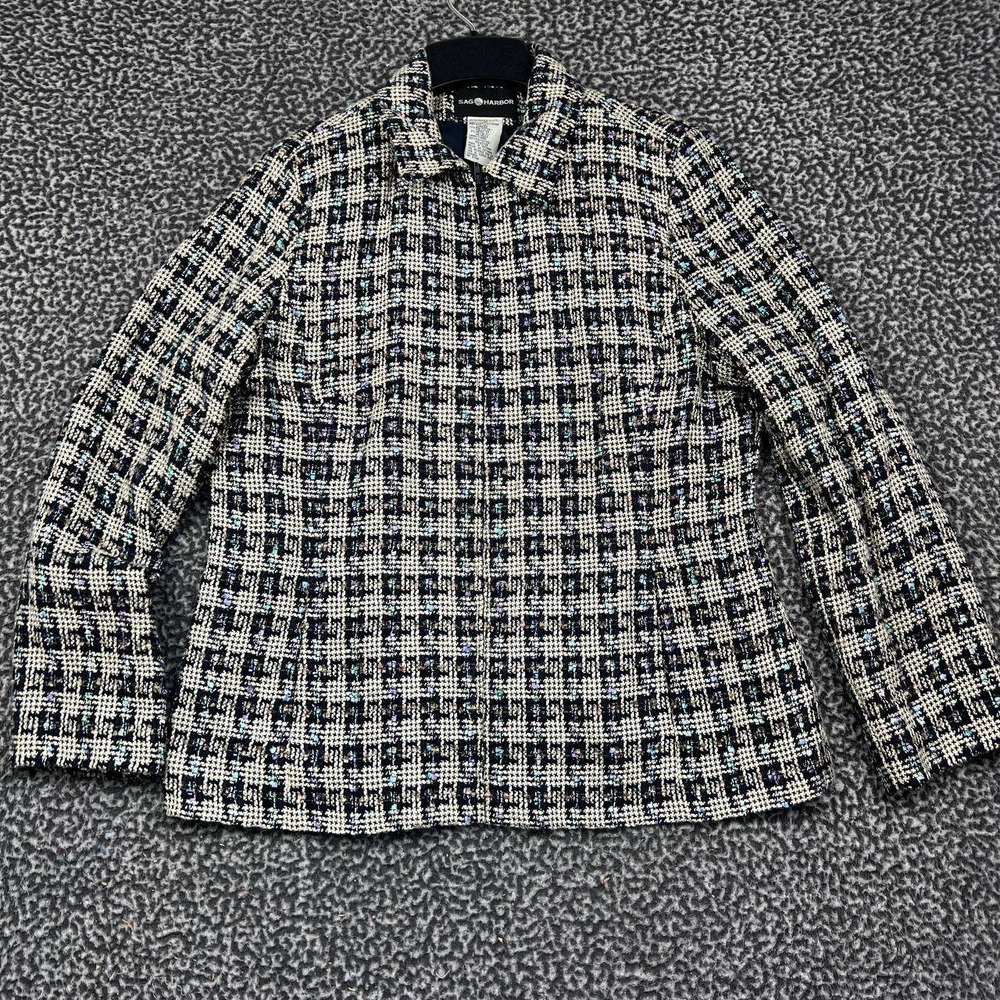 Sag Harbor‎ Blazer Jacket Women Tweed 14 Blue Black Plaid Long Sleeve